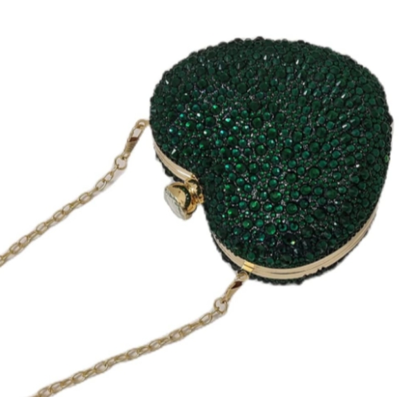 Emerald Green Heart Shaped Purse Crystal Clutch Crossbody Chain Event Mini Bag - Picture 3 of 16